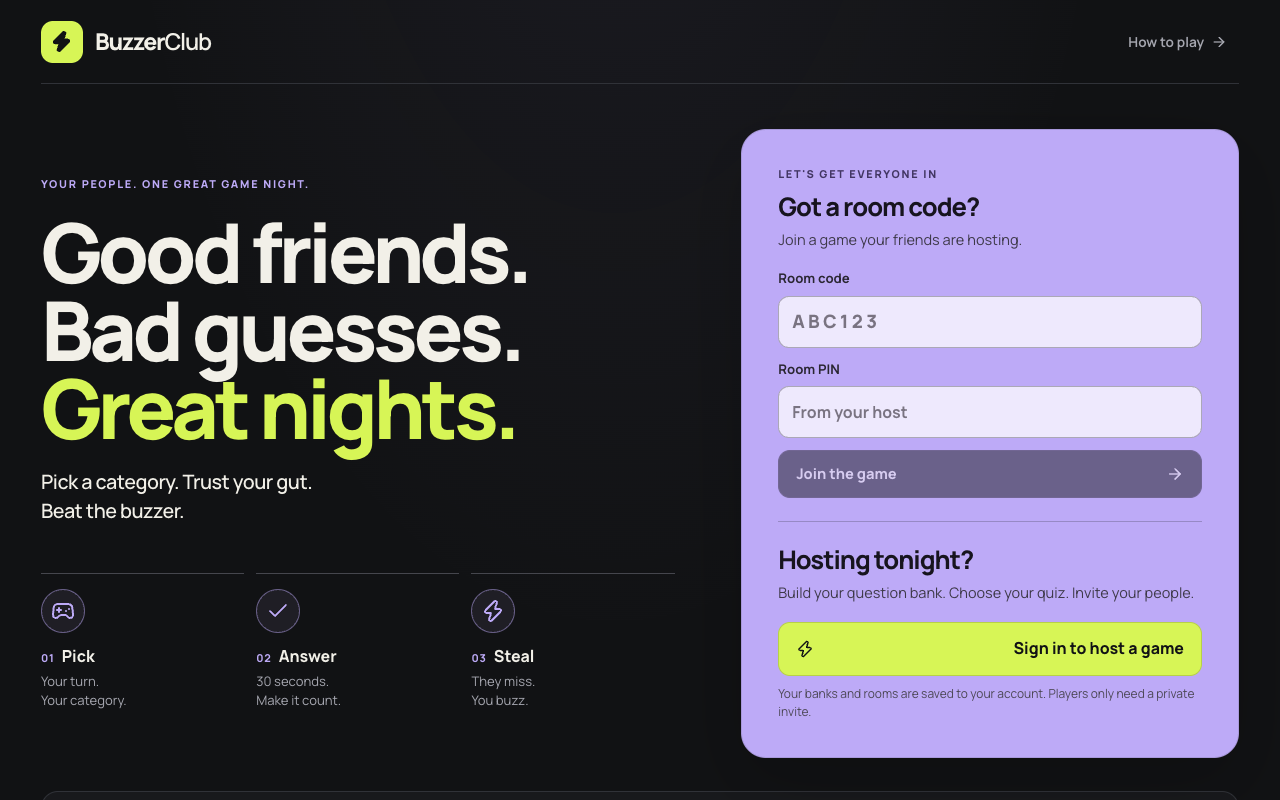 Buzzer Club desktop landing page showing room-code and PIN entry for guests, plus sign-in to host a game.