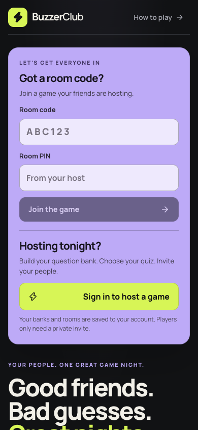 Mobile view of the Buzzer Club landing page, showing the quiz-night introduction, room entry and host sign-in.